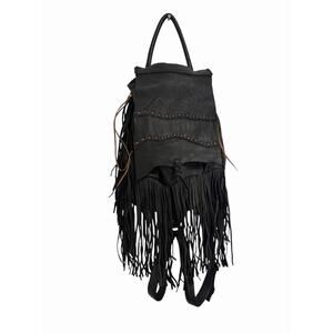 Kobler Black Leather Fringe Backpack Rucksack Indie Boho Festival Travel